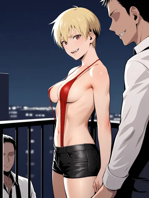 score_9, score_8_up, source_anime, standing, hellsing, seras, blonde hair, nude, indoors, night, night sky, nighttime, vampire, smirk, fangs, ikuchan, balcony, town background, clothed, male wearing shorts, muscular male, medium breasts, boyfriend, couple,...