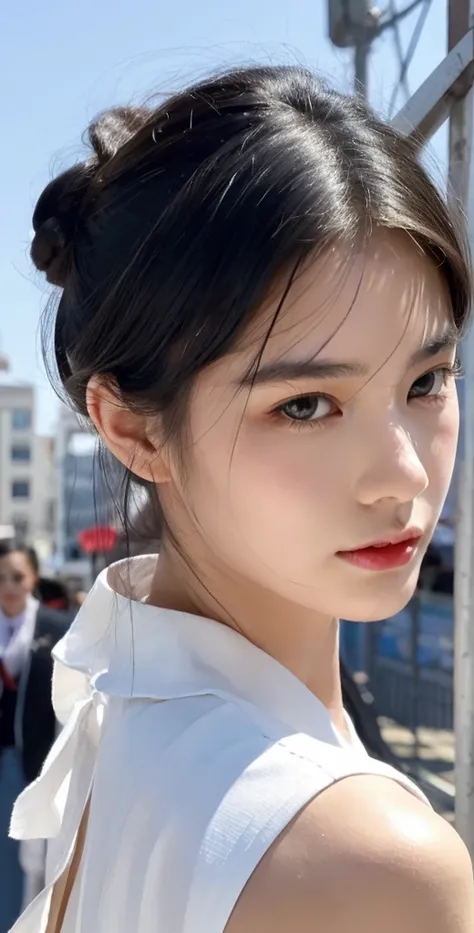 Brown-black hair, black eyes, fair skin, goose egg face, atmospheric facial features, tall, confident and powerful, toned and plump, high school girls, , coiled hair, hair bun, with hairpin, red rose, blue butterfly, white rabbit, billboard, official quali...