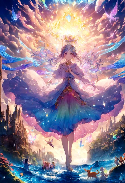 Mysterious glowing spell casting girl, ((Fantasy Rainbow Ocean)), Vibrant colors, Fantastic Light, Detailed speech bubbles, Magical atmosphere, Nice views, Dreamy atmosphere, Sparkling, Loose-fitting robes, The magic touch, Mysterious creatures, ((Sparklin...