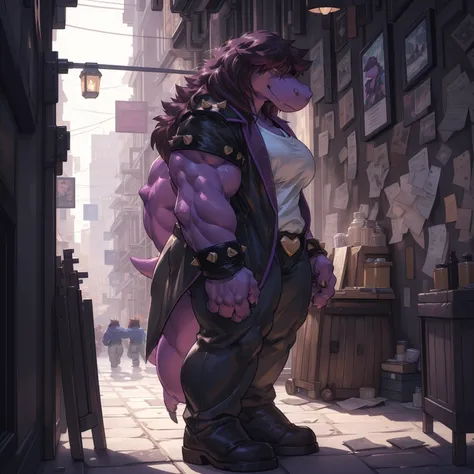 susie, susie deltarune, muscular, strong, plump, heavy, dragon, short stack, female, huge breasts, (nipple outline:0.7), bodybui...