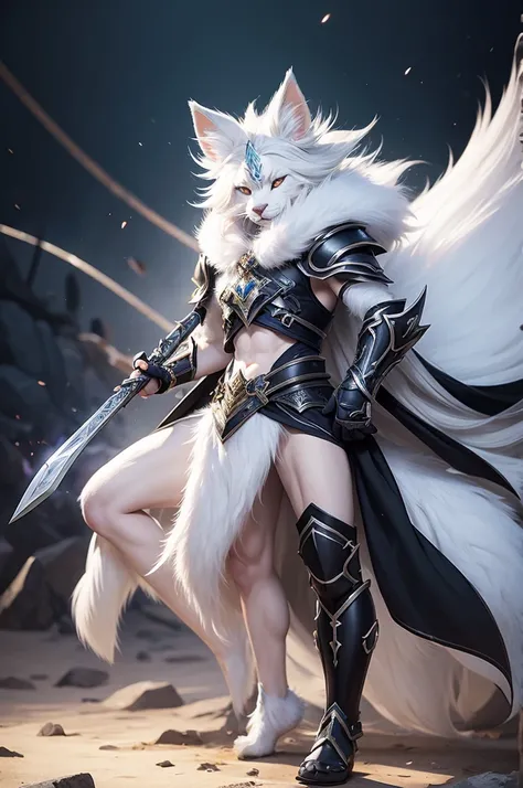 Art of a rpg leonin with white fur and black armor