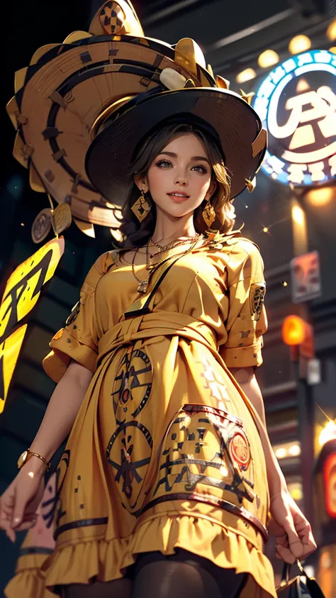 wearing Big floral mini dress、Long straight hair_Hair reaching down to the waist、gold necklace＿Large earrings、shy smile、((at the intersection＿Call a taxi:1.4))、((look down at the viewer,from below:1.5)),