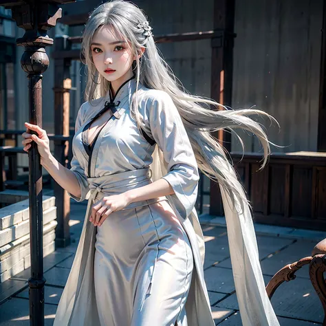 Reality, high resolution, Soft Light,1 female, Solitary, Hip lift, Look at the audience, (Delicate face), long hair, Silver Hair, Bright Eyes, kungfu hanfu, cloak, Tattoo, Jewelry