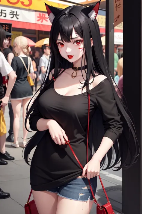 1 girl、细致的Facial details，Cat ear，Black long hair,red lips，Slim，Wearing a green shirt，Large Breasts，jeans，Two hands，Two Legs，Charming red eyes,，handcuffs，collar，Radiant Skin，Facial details，Night scene street market