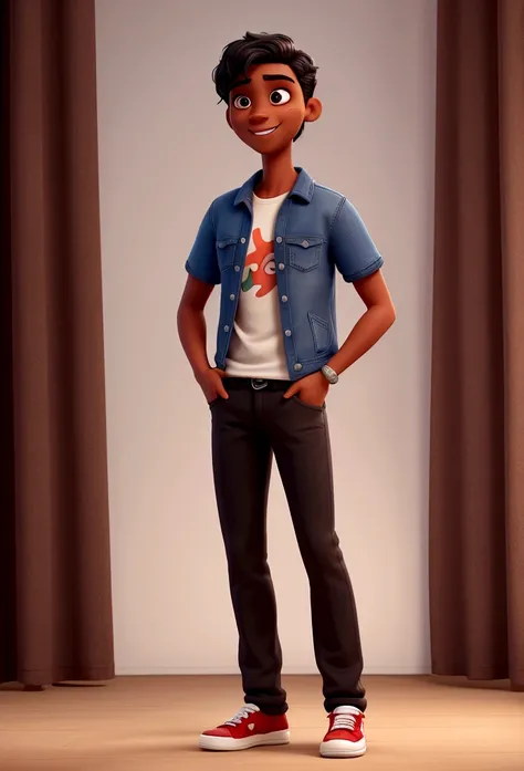 a man with dark skin, short black hair, tall, dancing, dressed in a t-shirt and jeans, very happy, dancing, 
disney style