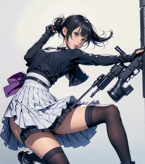 1girl, solo, short hair, skirt, shirt, gloves, white background, bow, holding, , purple eyes, white shirt, weapon, purple hair, pleated skirt, shoes, black gloves, socks, bowtie, holding weapon, gun, sneakers, holding gun, armband, rifle, grey skirt, heads...