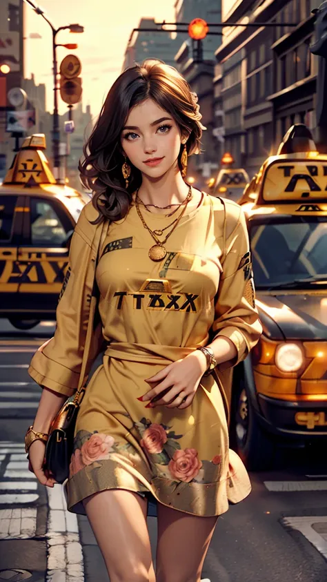 wearing Big floral mini dress、Long straight hair_Hair reaching down to the waist、gold necklace＿Large earrings、shy smile、((at the intersection＿Call a taxi:1.4))、