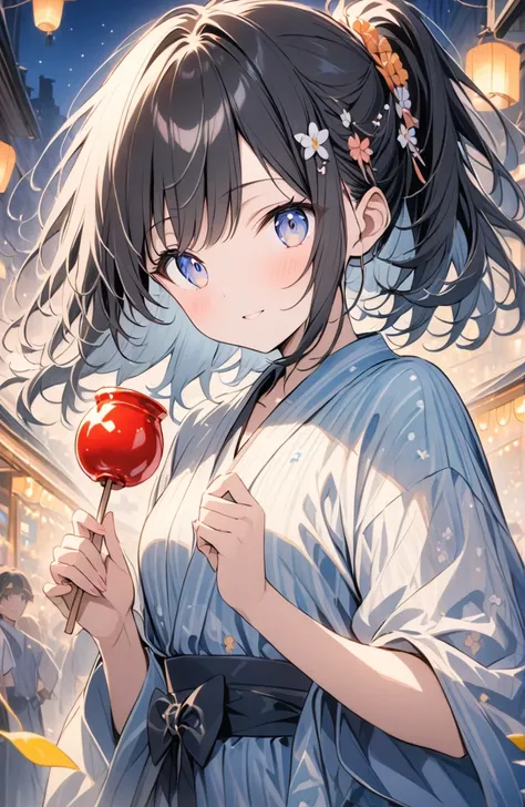 (masterpiece:1.2),(anime),、girl、cute、Black Hair、ponytail、hair ornaments、Girl wearing yukata、((Holding a candy apple in her hand)),Night stalls、Festivals、summer night、Light production、Beautiful artwork、Detailed drawing、A Scene of Youth、Fisheye Lens、Close-up...