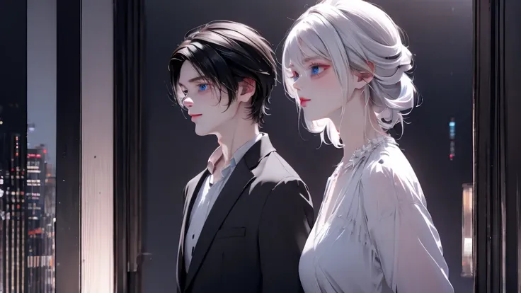 1 Boy&Girl , Boy medium light black hair, Girl medium light white hair, light blue eyes, wearing black suit, night city, 18+ , high res, ultrasharp, 8K, masterpiece, looking from behind