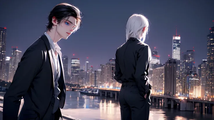 1 Boy&Girl , Boy medium light black hair, Girl medium light white hair, light blue eyes, wearing black suit, night city, 18+ , high res, ultrasharp, 8K, masterpiece, looking from behind