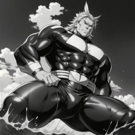 best quality, high resolution, manga, monochrome, line, allmight, black bodysuit, hunk, wet clothes, from below, open legs, arms...