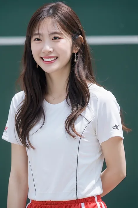 (8K, Best Quality, Masterpiece: 1.2), (Realistic, Photorealistic: 1.37), Super Detail, 1 Girl, 20 years old, Big, Beauty, Cute, Smile, Solo, Tennis Wear, Mini Skirt, Tennis Court, Racket, Tennis Ball, (Redness of the Nose), (Smile: 1.15), (Mouth Closed), B...