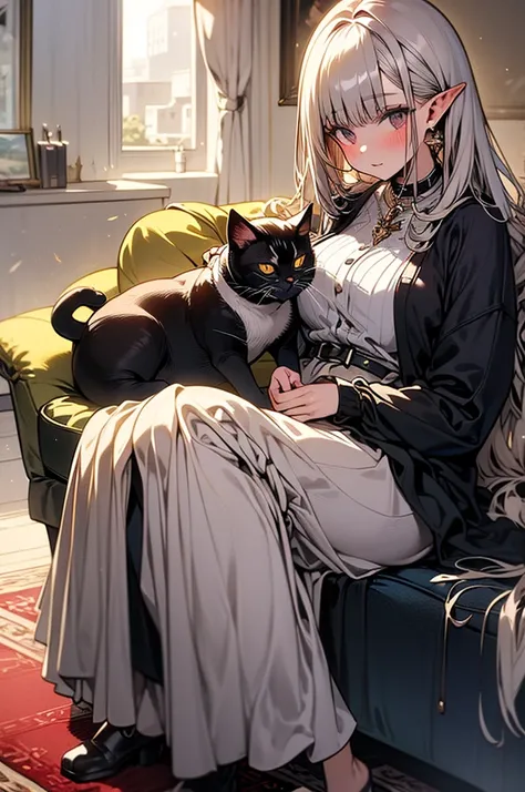 ((Masterpiece)), ((Best Quality)), (Very Detailed), ((Very Detailed)), 4K, (8K), very aesthetic, absurdres highres, 1 woman, elf, dark skin, brown skin, silver hair, elegant woman, In the bright daytime living room of her home, a woman steps on the hem of ...