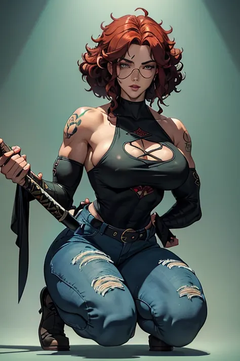 Red Head Girl with curly hair and tattoos of roses in shoulders and forearms,(((Full Body))) (((tall woman))) wearing blue top and jeans, (((squatting))), sunglasses, carrying a katana. ((Sexy legs)) She has one eye of each color: Green on The light, blue ...