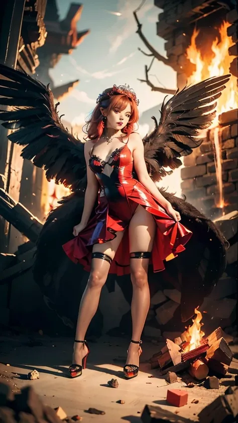 1girl, fire, wings, solo, dress, red_dress, high_heels, boots, embers, thighhighs, full_body, long_hair, black_hair, red_hair, jewelry, looking_at_viewer