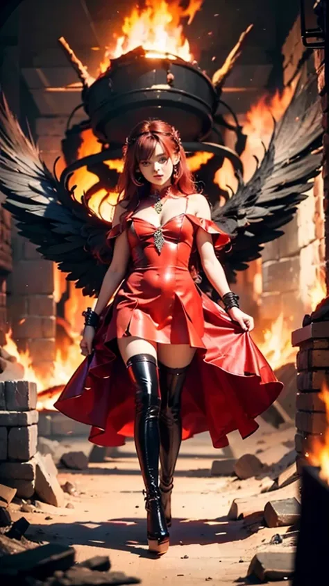 1girl, fire, wings, solo, dress, red_dress, high_heels, boots, embers, thighhighs, full_body, long_hair, black_hair, red_hair, jewelry, looking_at_viewer