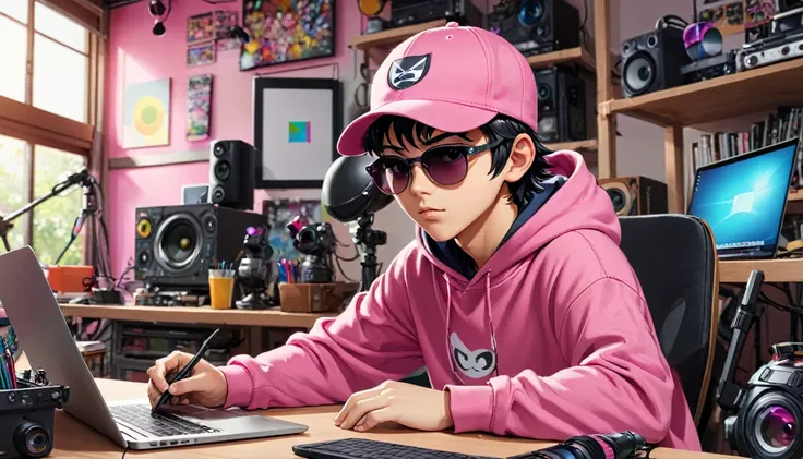 Anime middle boy character sitting and speaking on a chair behind a table with his laptop on the table in his studio. wearing a pink hoodie, a cap, sunglasses. Some gadgets lying around background and around his desk. Facing the camera at the front.