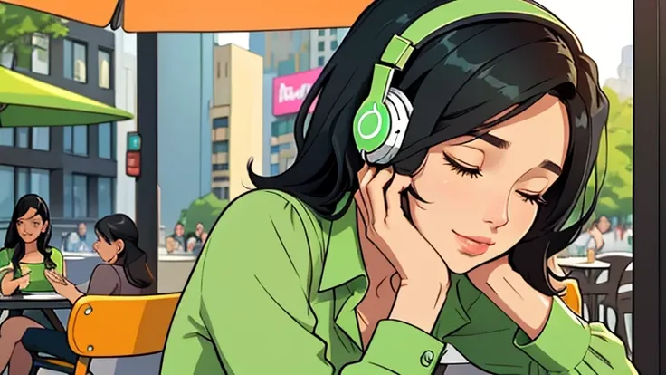 Beautiful woman in her 30s with black hair is sitting with headphones on the cafe terrace. Looking down, eyes closed, LOFI girl, alone in the room, green blouse, relaxing mood, cozy, only five fingers, new york, Starbucks, colorful, Well-proportioned face