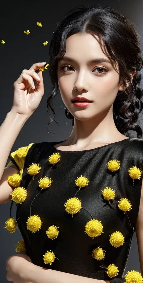 black skin tone, black curly hair, dark brown eye, yellow dress with flowers, holding a ladybug in hand, silver background, 8k, ...