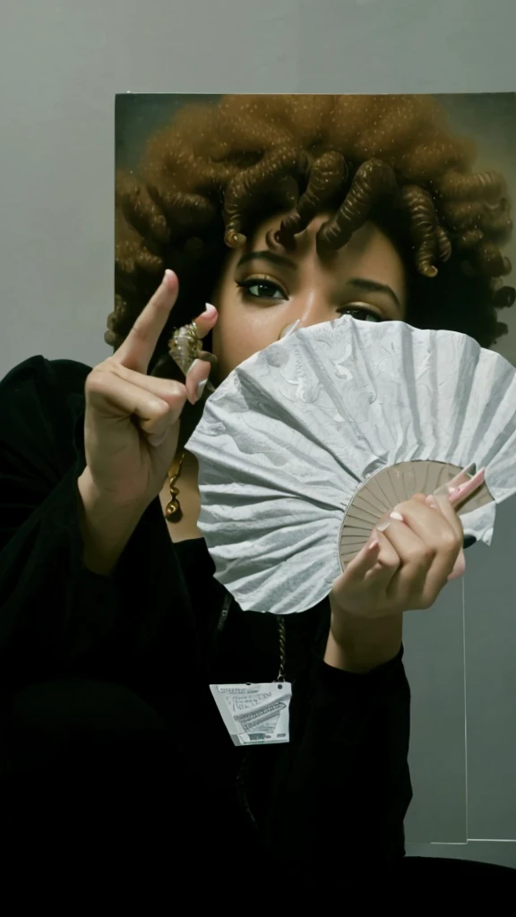 (best quality,4k,8k,highres,masterpiece:1.2),ultra-detailed,realistic,photorealistic:1.37, portrait, money fan covering her face, middle finger, curly afro
