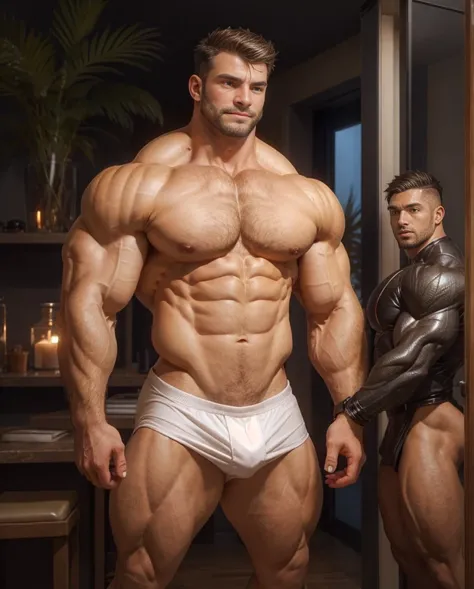 A handsome couple of mature old nigger dads with a massive beard and no shirt standing in front of a door,baldy haircut, very dark skinned, hyper muscular, pumped, roids, huge pecs, arms, biceps, shoulders, male focus, ((couple_pose)), centered, tan skin, ...