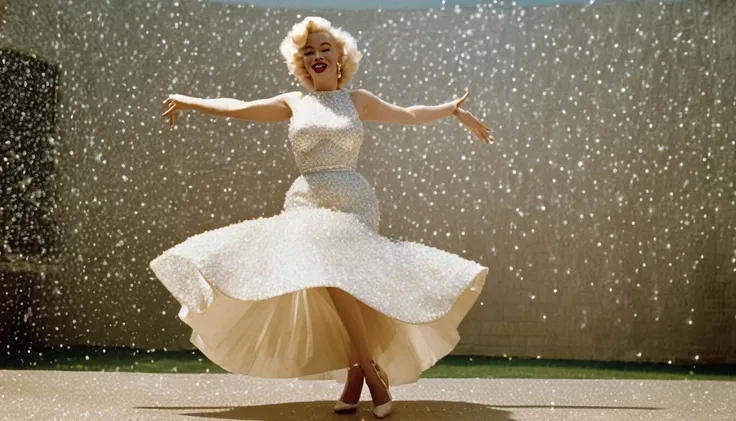 full body neutral pose of Marilyn Monroe in white glittery dress, standing in a t pose, 1950s photography