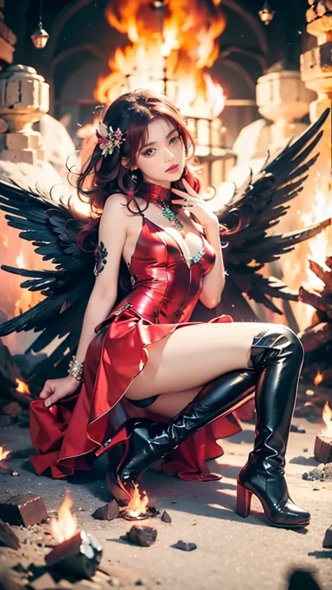 1girl, fire, wings, solo, dress, red_dress, high_heels, boots, embers, thighhighs, full_body, long_hair, black_hair, red_hair, jewelry, looking_at_viewer