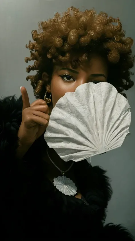 (best quality,4k,8k,highres,masterpiece:1.2),ultra-detailed,realistic,photorealistic:1.37, portrait, money fan covering her face, middle finger, curly afro
