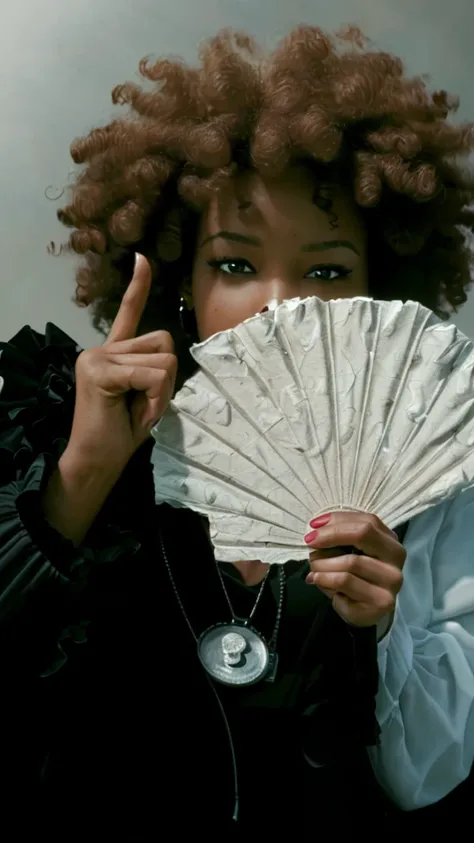 (best quality,4k,8k,highres,masterpiece:1.2),ultra-detailed,realistic,photorealistic:1.37, portrait, money fan covering her face, middle finger, curly afro
