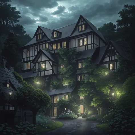 Dark windows with no light, a Romanesque Revival mansion accessed by a winding stone path surrounded by an English garden. There is a dense forest behind the house. There is a dark cloud above the house, which portends a downpour. The lights in the windows...