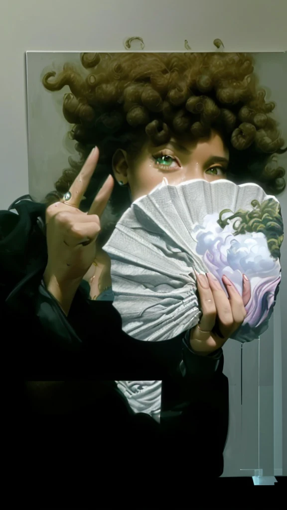 (best quality,4k,8k,highres,masterpiece:1.2),ultra-detailed,realistic,photorealistic:1.37, portrait, money fan covering her face, middle finger, curly afro
