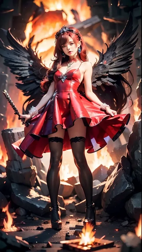 1girl, fire, wings, solo, dress, red_dress, high_heels, boots, embers, thighhighs, full_body, long_hair, black_hair, red_hair, j...