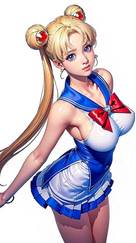 (（（Perfect body,White and tender skin,（（（Blue and white sailor suit, black high heels, and a bright red bow on the chest）））,（（（SMUsagiTsukino，Slender and soft golden hair, crystal clear and delicate skin, bright blue big eyes, thin cherry colored lips,,）））...