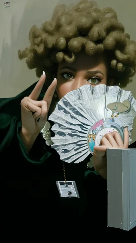 (best quality,4k,8k,highres,masterpiece:1.2),ultra-detailed,realistic,photorealistic:1.37, portrait, money fan covering her face, middle finger, curly afro
