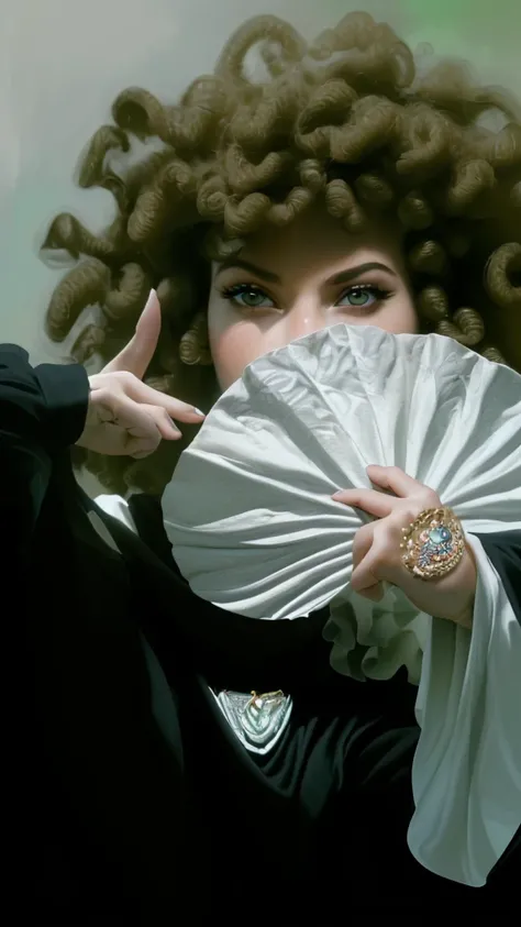 (best quality,4k,8k,highres,masterpiece:1.2),ultra-detailed,realistic,photorealistic:1.37, portrait, money fan covering her face, middle finger, curly afro
