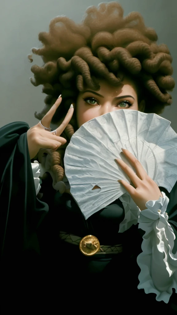 (best quality,4k,8k,highres,masterpiece:1.2),ultra-detailed,realistic,photorealistic:1.37, portrait, money fan covering her face, middle finger, curly afro
