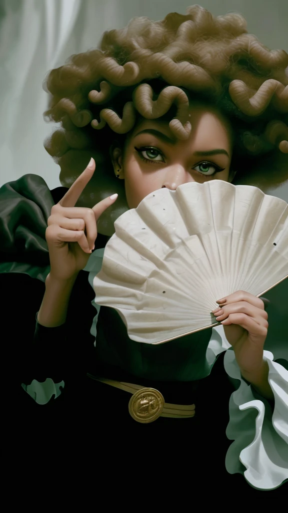 (best quality,4k,8k,highres,masterpiece:1.2),ultra-detailed,realistic,photorealistic:1.37, portrait, money fan covering her face, middle finger, curly afro
