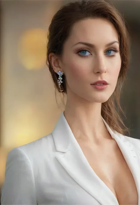 bodysuit, warm dim lighting accentuating her piercing hazel eyes and diamond earrings. her fitted blazer and crisp white blouse ...