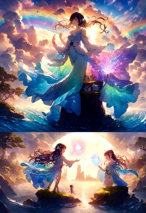 Mysterious glowing spell casting girl, ((Fantasy Rainbow Ocean)), Vibrant colors, Fantastic Light, Detailed speech bubbles, Magical atmosphere, Nice views, Dreamy atmosphere, Sparkling, Loose-fitting robes, The magic touch, Mysterious creatures, ((Sparklin...