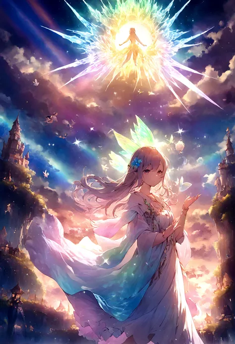 Mysterious glowing spell casting girl, ((Fantasy Rainbow Ocean)), Vibrant colors, Fantastic Light, Detailed speech bubbles, Magical atmosphere, Nice views, Dreamy atmosphere, Sparkling, Loose-fitting robes, The magic touch, Mysterious creatures, ((Sparklin...