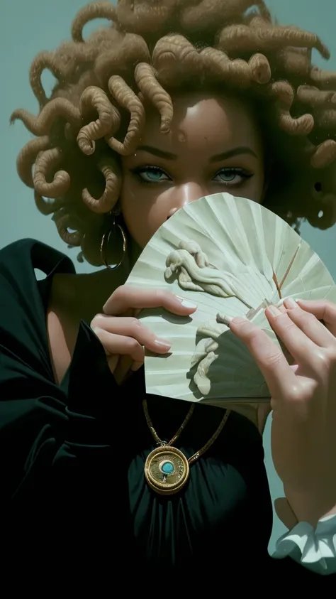 (best quality,4k,8k,highres,masterpiece:1.2),ultra-detailed,realistic,photorealistic:1.37, portrait, money fan covering her face, middle finger, curly afro
