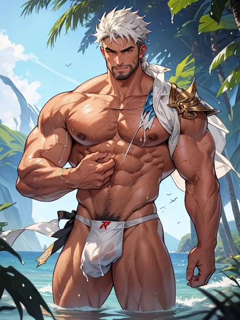 (masterpiece, highest quality), male, Wear miniature String  ((White Micro Thong:_pattern_design_String_Breathe life into it_Huge pectoral muscles_The whole body gets wet)) , Bioluminescence_water_world, Wide angle, Athletic build, male, Shiny_skin, muscle...