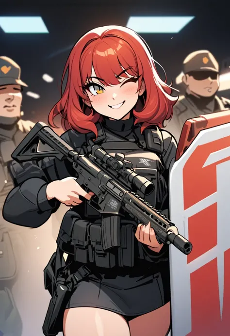 Masterpiece, 1 female, security guard, Special Assault Team, special forces, holding large shield, Arcknights, black wear, modern, cute, smiling, bright, holding gun, winking, bangs center parted, red hair, medium hair, innocent, cute, white background