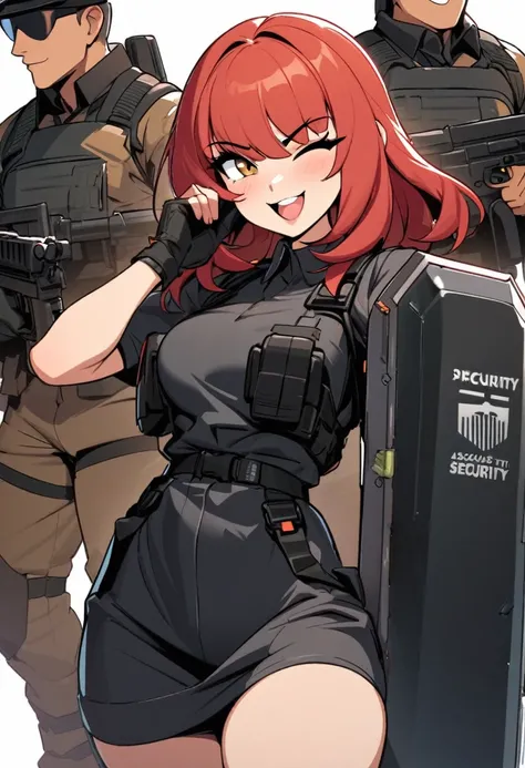 Masterpiece, 1 female, security guard, Special Assault Team, special forces, holding large shield, Arcknights, black wear, modern, cute, smiling, bright, holding gun, winking, bangs center parted, red hair, medium hair, innocent, cute, white background