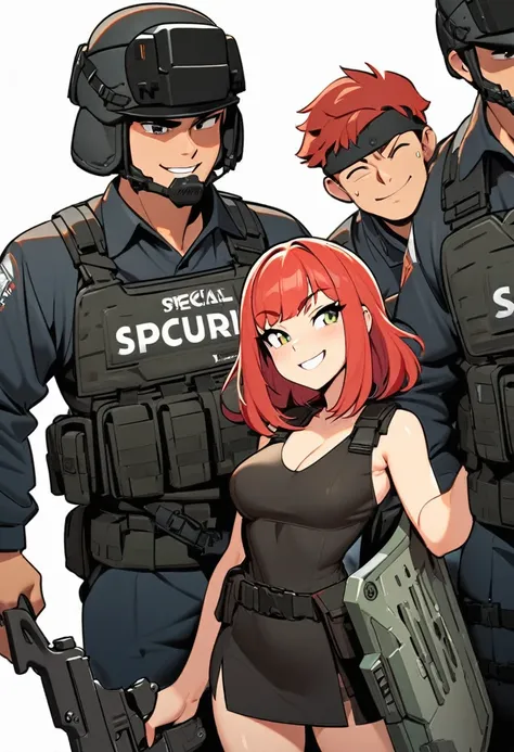 Masterpiece, 1 female, security guard, Special Assault Team, special forces, holding large shield, Arcknights, black wear, modern, cute, smiling, bright, holding gun, winking, bangs center parted, red hair, medium hair, innocent, cute, white background