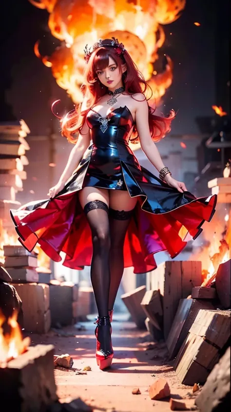 1girl, fire, wings, solo, dress, red_dress, high_heels, boots, embers, thighhighs, full_body, long_hair, black_hair, red_hair, j...