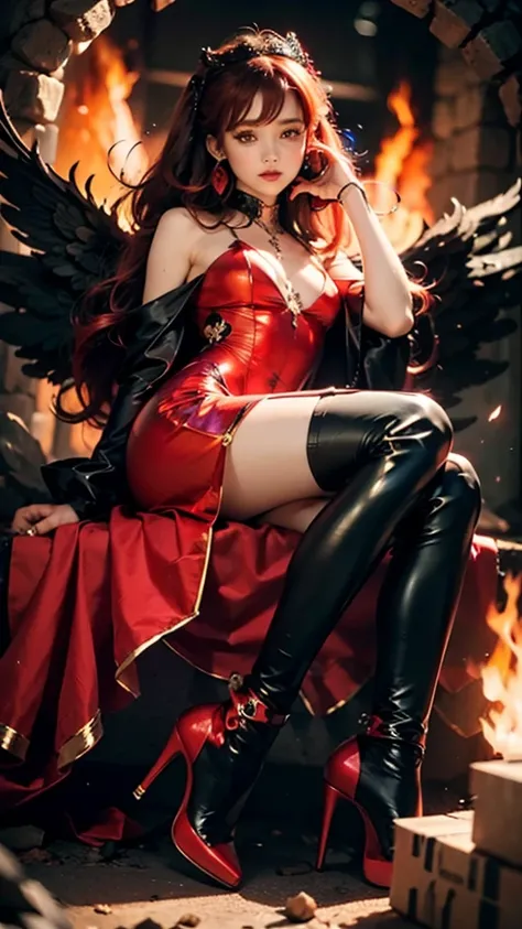 1girl, fire, wings, solo, dress, red_dress, high_heels, boots, embers, thighhighs, full_body, long_hair, black_hair, red_hair, jewelry, looking_at_viewer