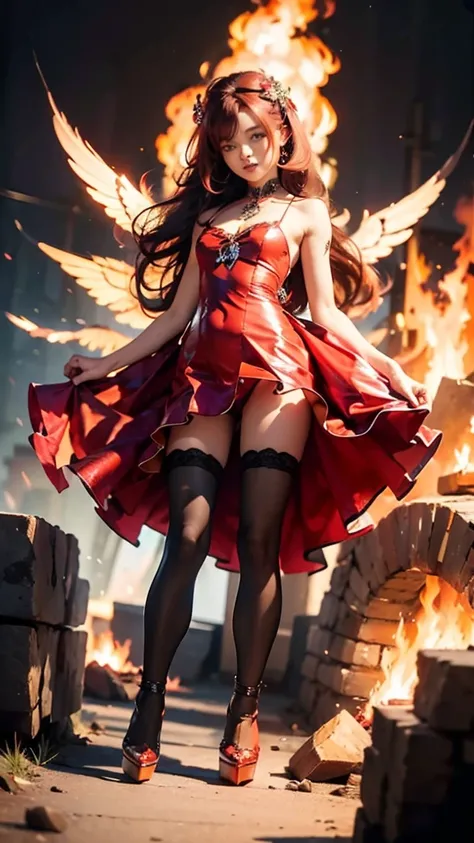 1girl, fire, wings, solo, dress, red_dress, high_heels, boots, embers, thighhighs, full_body, long_hair, black_hair, red_hair, jewelry, looking_at_viewer