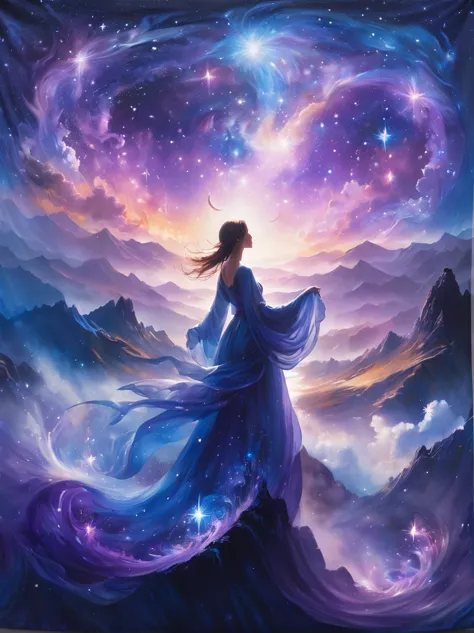 a figure stands on a cliff, enveloped in swirling streams of cosmic energy, amidst a dreamy, nebulous landscape. the silhouette ...