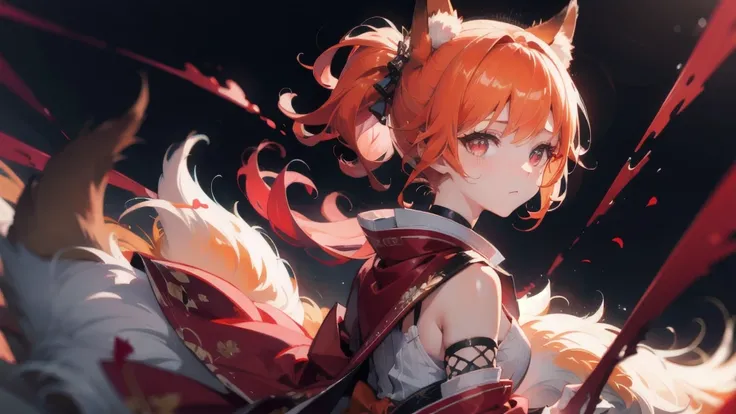 Best quality, highly detailed, masterpiece, ultra detailed, (1 girl, (detailed background), delicate eyes, ), girl with orange hair and fox ears, red eyes, wearing red dress with open chest, japanese romance scene, dinamic lighting, dinamic effect, cinemat...